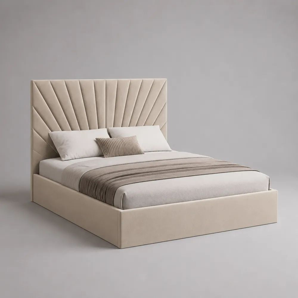 Letto matrimoniale con contenitore 160 x 200 cm imbottito in poliestere beige, testiera geometrica, 176 x 215 x 125 cm