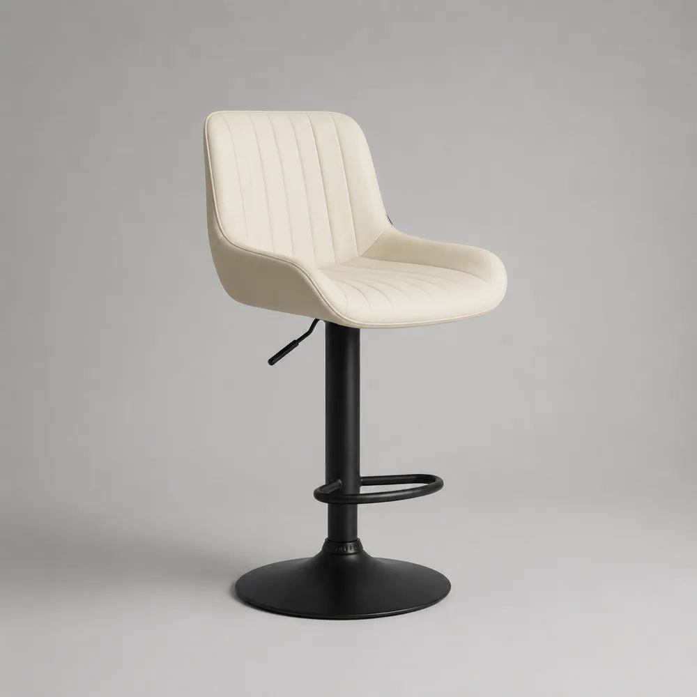 Sgabello da bar regolabile e girevole in pelle sintetica e acciaio, crema e nero, 53 x 52 x 89-110 cm