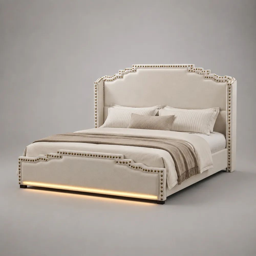 Letto matrimoniale contenitore 160 x 200 cm in velluto beige con testiera sagomata, borchie decorative e illuminazione LED