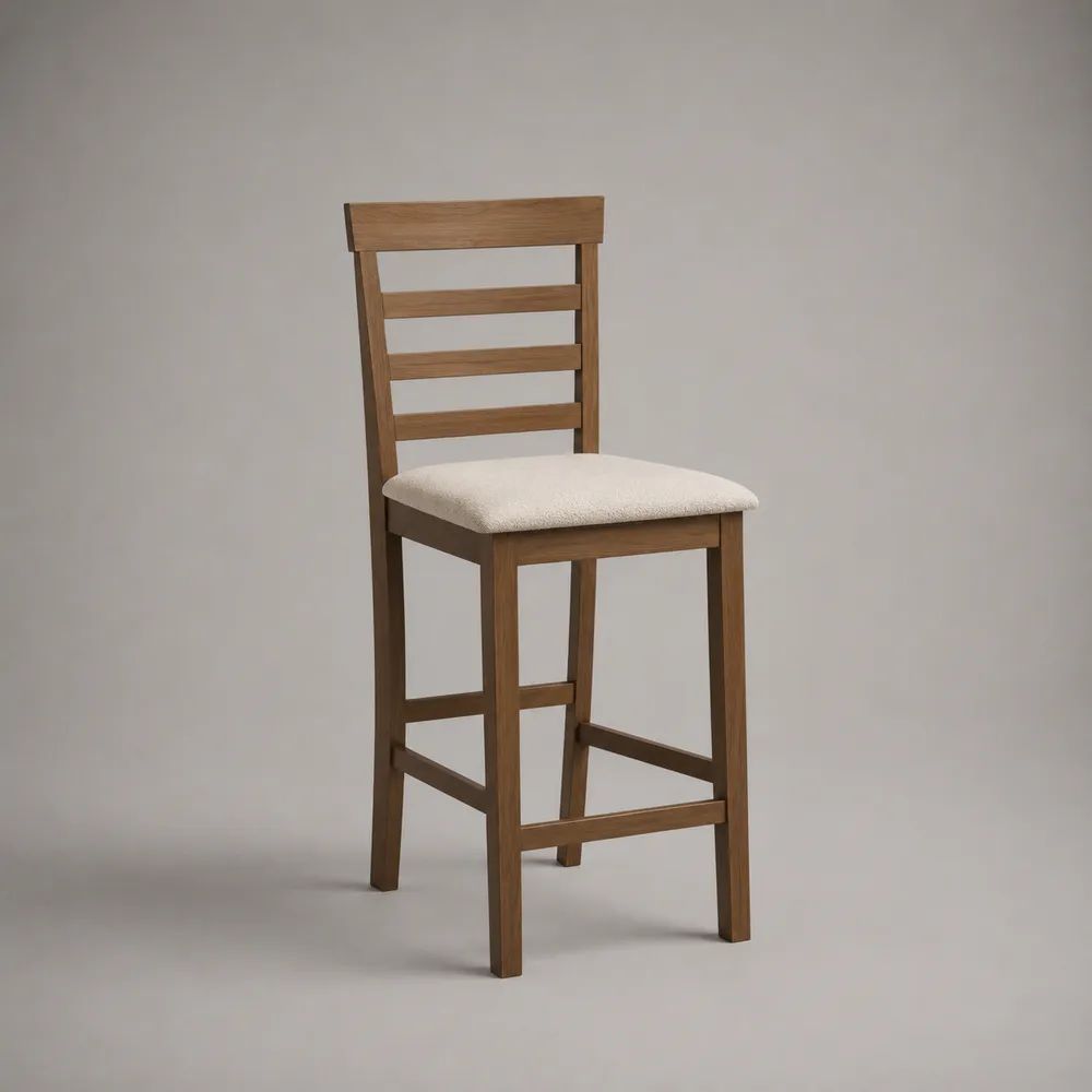 Sgabello da bar in legno marrone con schienale e seduta imbottita in tessuto bouclé crema, 43 × 48 × 103 cm, altezza seduta 72 cm