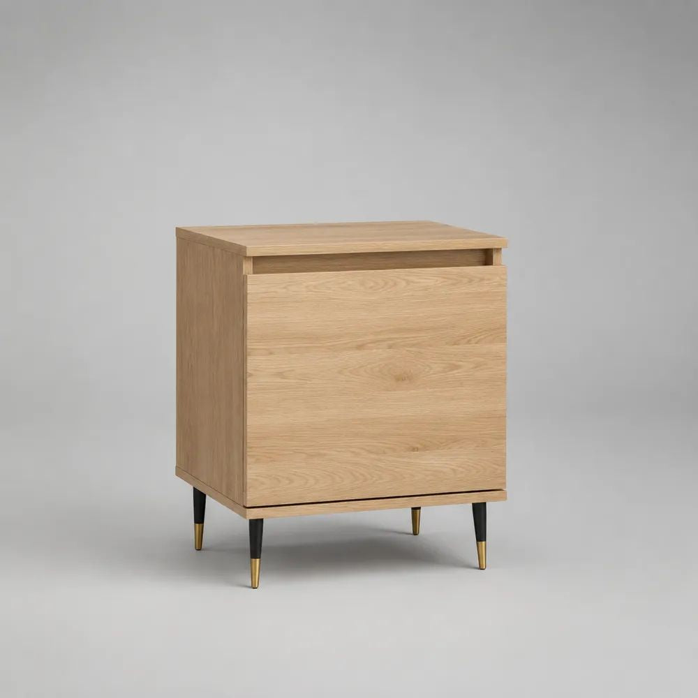Comodino rettangolare in MDF impiallacciato rovere con anta e gambe in acciaio, rovere naturale, 50 x 40 x 65 cm