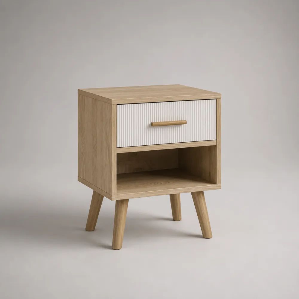 Comodino rettangolare in MDF e legno rovere naturale e bianco con cassetto e vano aperto, 45 x 35 x 60 cm