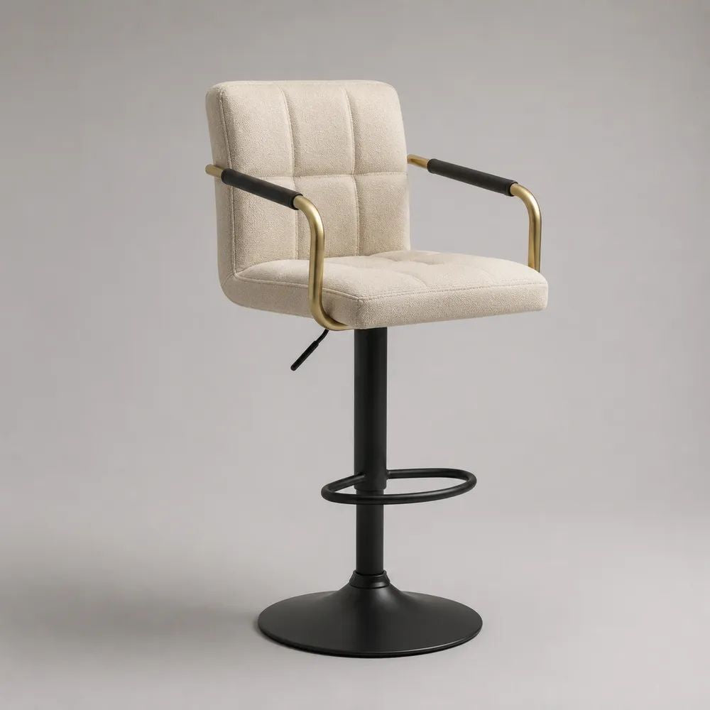 Sgabello da bar girevole regolabile in acciaio e poliestere crema con braccioli e base rotonda, 58 x 57 x 92-112 cm