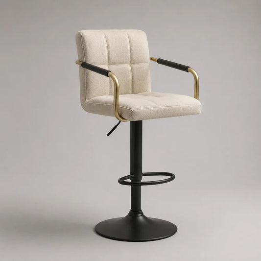 Sgabello da bar girevole regolabile in acciaio e poliestere crema con braccioli e base rotonda, 58 x 57 x 92-112 cm