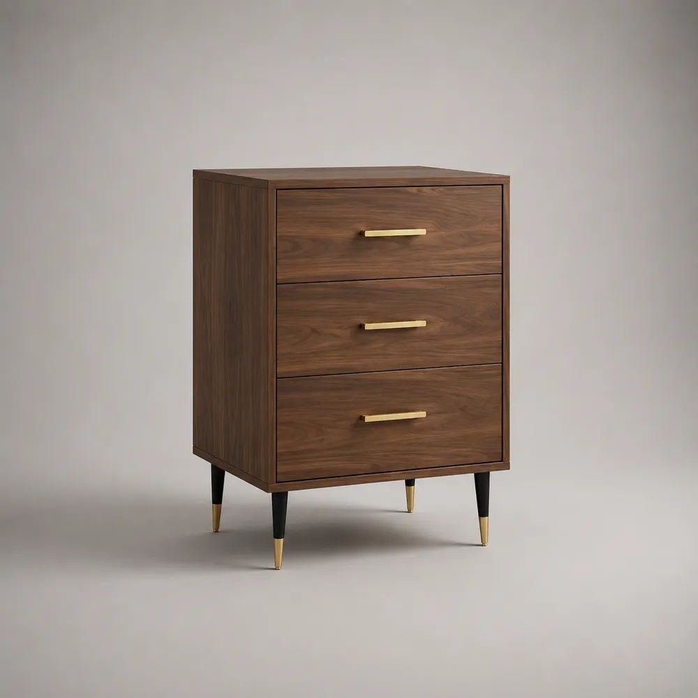 Comodino alto rettangolare in pannello truciolare melaminico effetto noce con 3 cassetti, marrone noce/nero/ottone, 50 × 40 × 75 cm