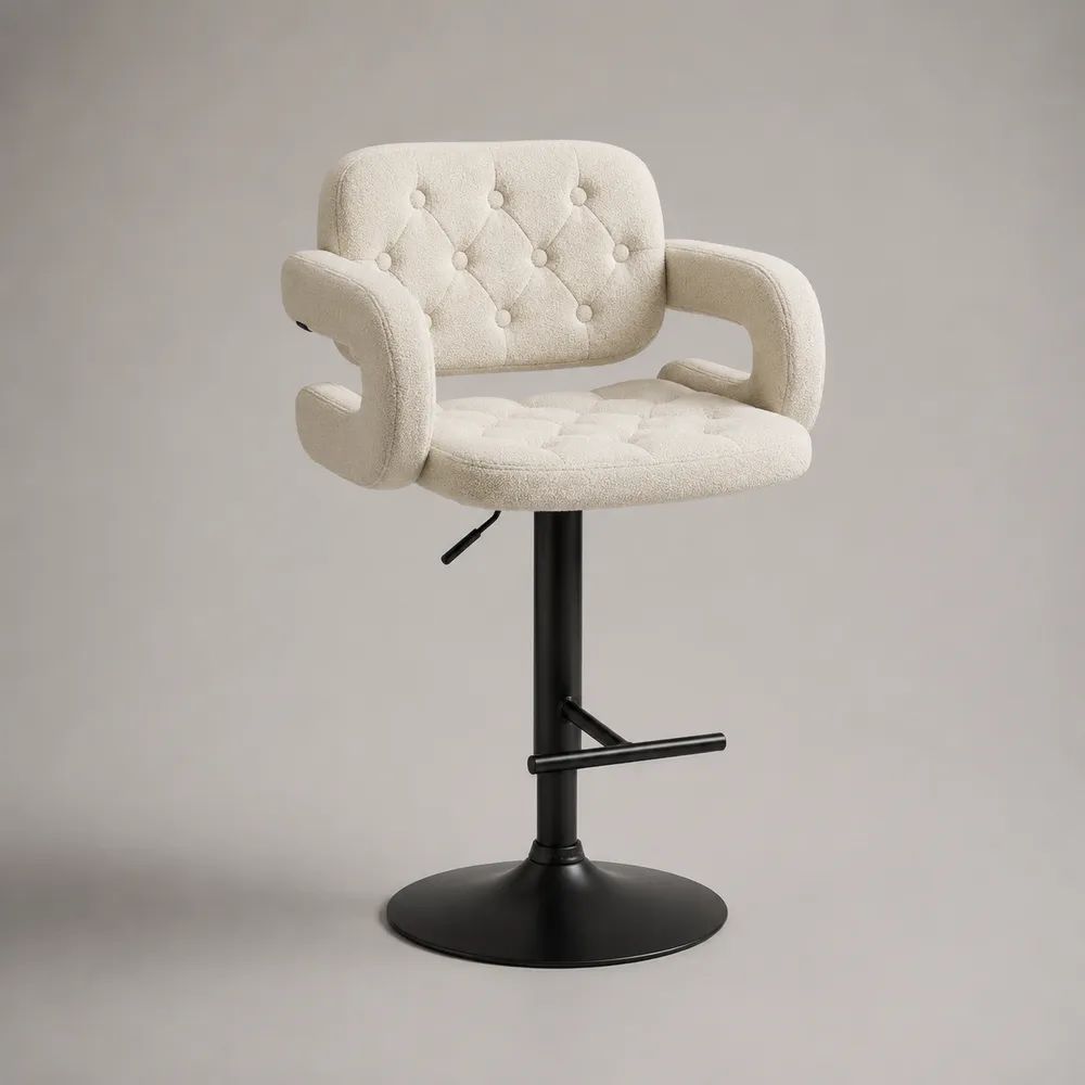 Sgabello da bar girevole regolabile in tessuto bouclé crema con braccioli e base in metallo nero, 56 x 52 x 89-110 cm