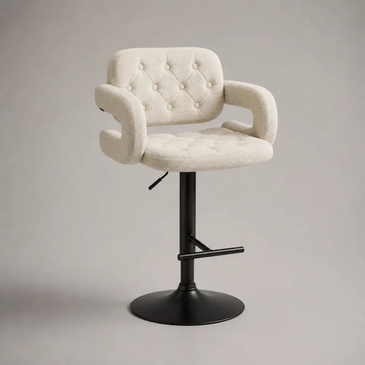 Sgabello da bar girevole regolabile in tessuto bouclé crema con braccioli e base in metallo nero, 56 x 52 x 89-110 cm