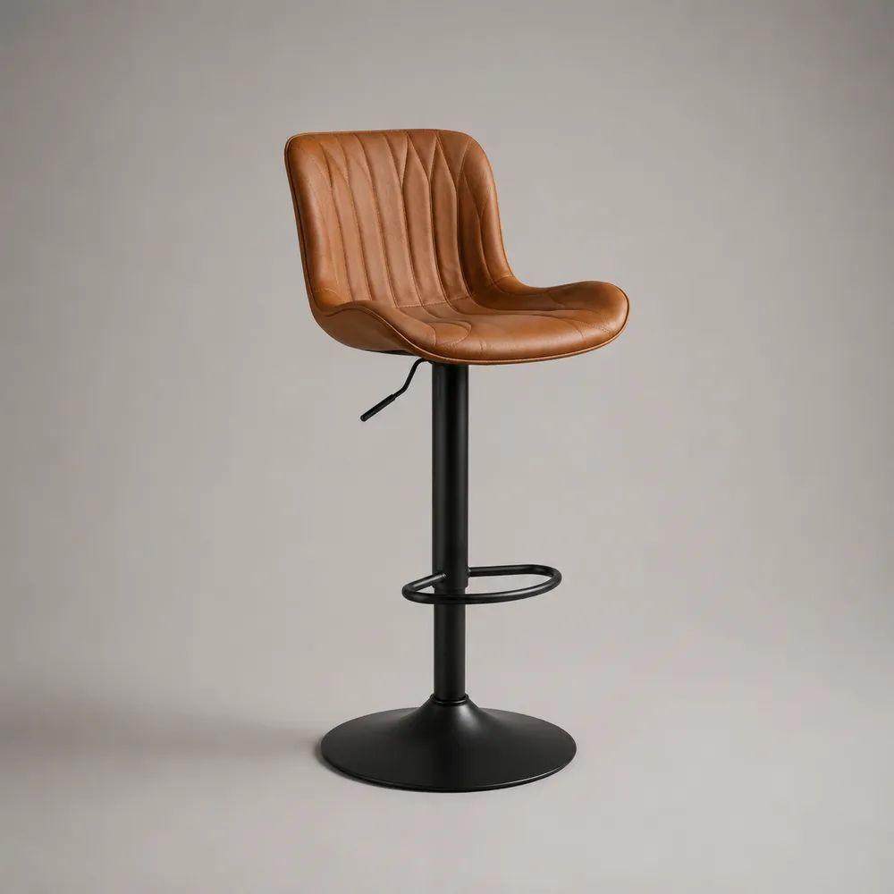 Sgabello da bar regolabile e girevole in similpelle marrone cognac con base in acciaio nero, 49 x 51 x 86-107 cm
