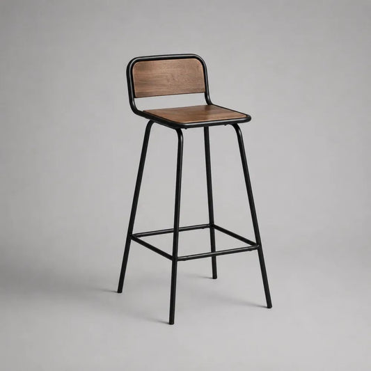 Sgabello da bar alto con schienale in legno e struttura in acciaio nero, 45 x 48 x 100 cm