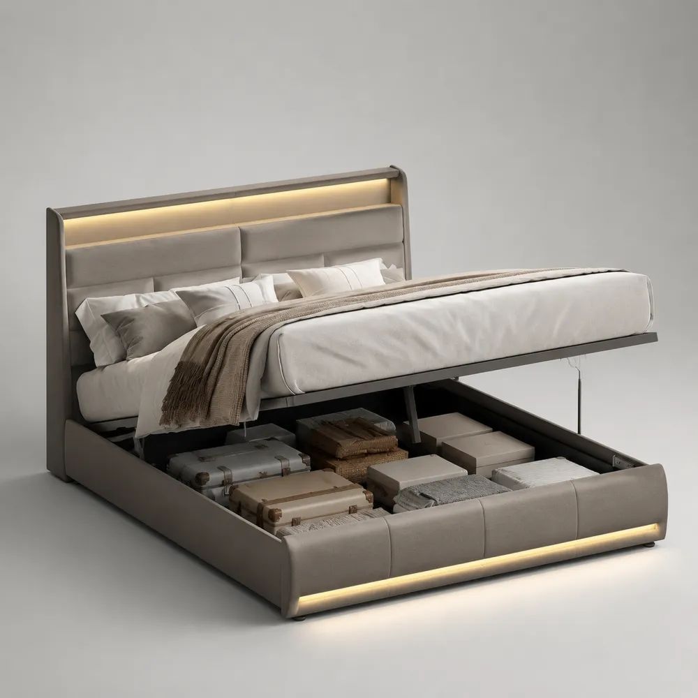Letto matrimoniale contenitore imbottito in poliestere tortora con rete sollevabile e luci LED, per materasso 160 x 200 cm, dimensioni 180 x 220 x 120 cm