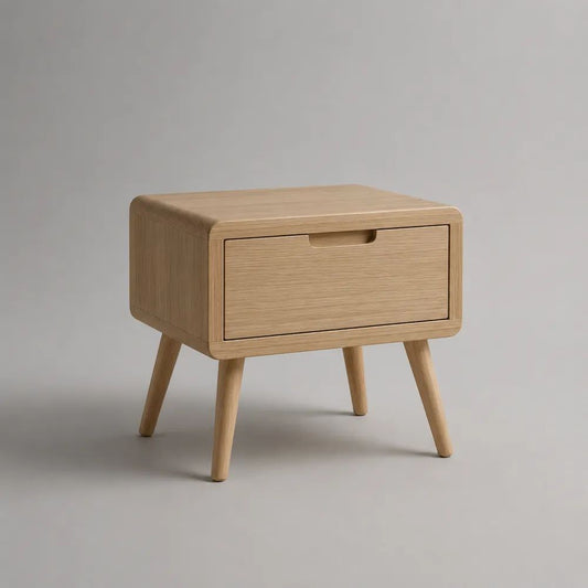Comodino rettangolare in legno con cassetto e gambe inclinate, Rovere naturale, 50 x 40 x 55 cm