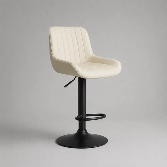 Sgabello da bar regolabile e girevole in pelle sintetica e acciaio, crema e nero, 53 x 52 x 89-110 cm