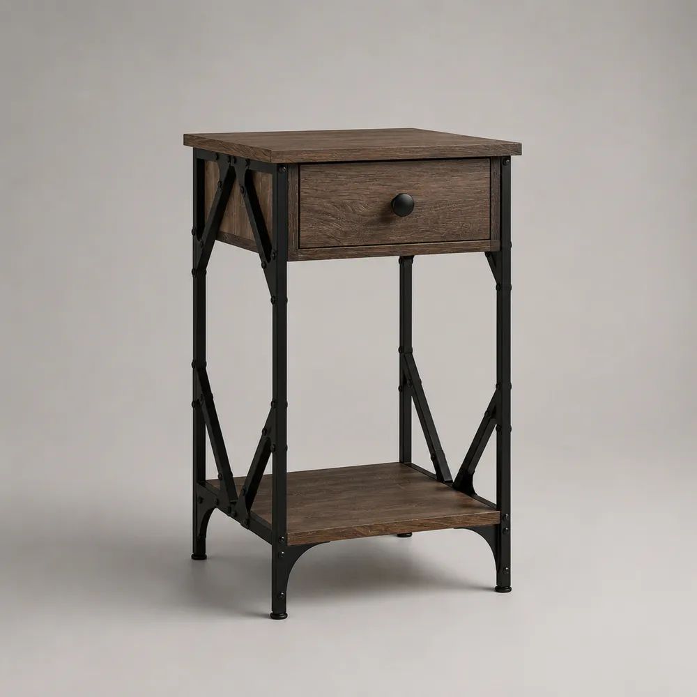 Comodino alto rettangolare con cassetto e ripiano in legno e metallo, marrone scuro e nero, 40 × 35 × 65 cm