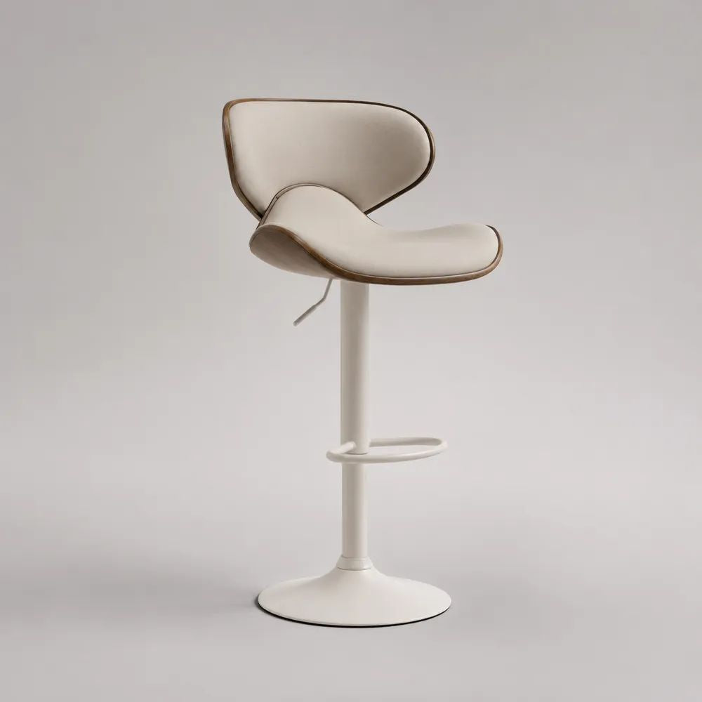 Sgabello da bar girevole e regolabile in acciaio e similpelle, bianco crema, bianco e noce, 49 x 47 x 84-105 cm