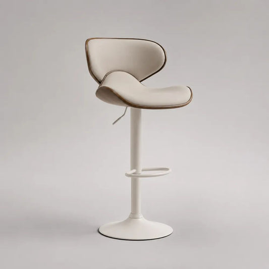 Sgabello da bar girevole e regolabile in acciaio e similpelle, bianco crema, bianco e noce, 49 x 47 x 84-105 cm