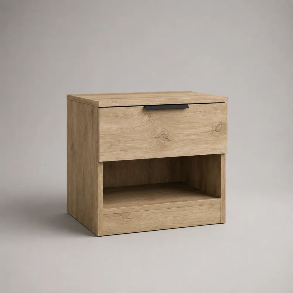 Comodino rettangolare in legno con cassetto e vano aperto, rovere naturale e nero, 45 x 35 x 50 cm