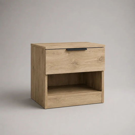 Comodino rettangolare in legno con cassetto e vano aperto, rovere naturale e nero, 45 x 35 x 50 cm