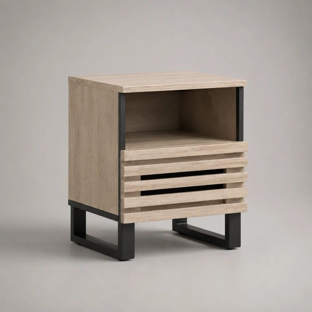 Comodino rettangolare in MDF effetto rovere chiaro e acciaio nero con cassetto e vano aperto, 45 × 40 × 60 cm