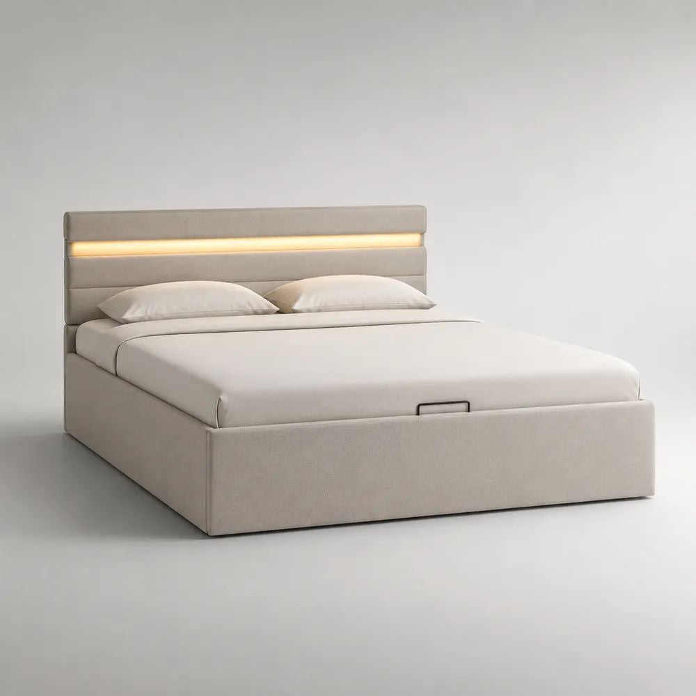 Letto matrimoniale contenitore 160 x 200 cm in tessuto beige con rete a doghe, testiera LED bianco caldo e sollevamento idraulico