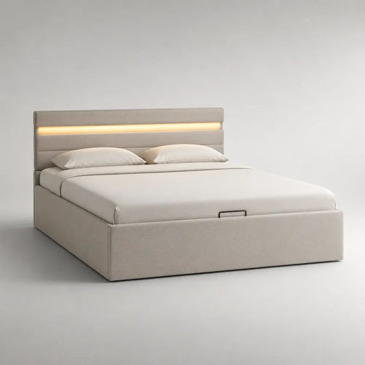 Letto matrimoniale contenitore 160 x 200 cm in tessuto beige con rete a doghe, testiera LED bianco caldo e sollevamento idraulico