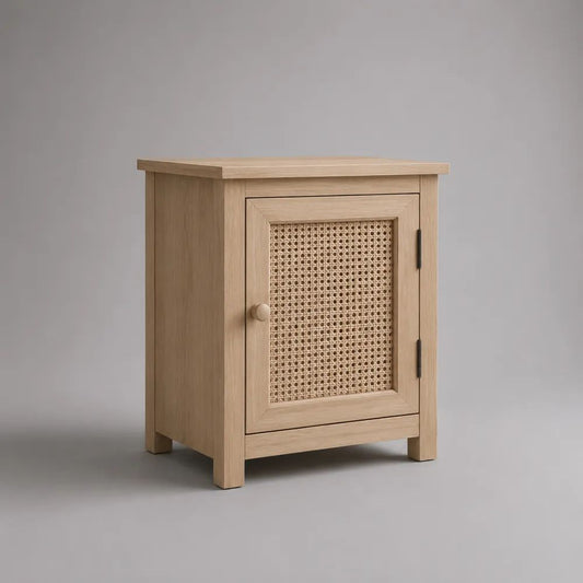 Comodino rettangolare in MDF impiallacciato rovere naturale con anta in rattan, 45 × 35 × 60 cm
