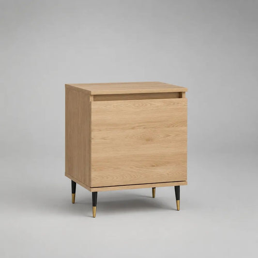 Comodino rettangolare in MDF impiallacciato rovere con anta e gambe in acciaio, rovere naturale, 50 x 40 x 65 cm