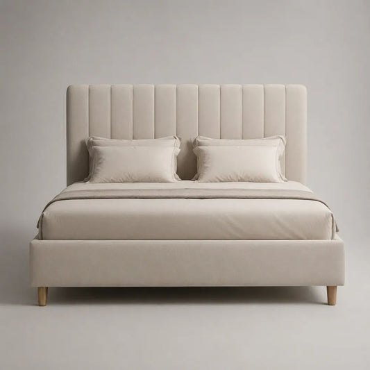 Letto matrimoniale contenitore 160 × 200 cm beige, dimensioni 172 × 214 × 122 cm, imbottito in velluto di poliestere con testiera scanalata e rete a doghe