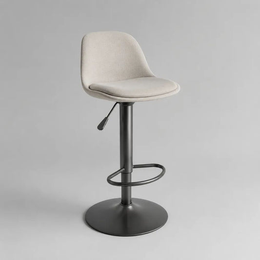 Sgabello da bar girevole regolabile in poliestere e acciaio, beige e nero, 47 x 50 x 86-107 cm