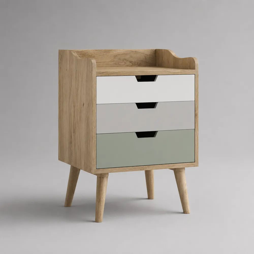 Comodino rettangolare in legno con 3 cassetti, rovere naturale, bianco, grigio chiaro e verde salvia, 50 x 40 x 75 cm