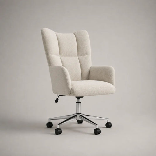 Sedia da ufficio girevole imbottita in poliestere bouclé beige con braccioli, altezza regolabile e base in metallo, 68 x 70 x 105-115 cm