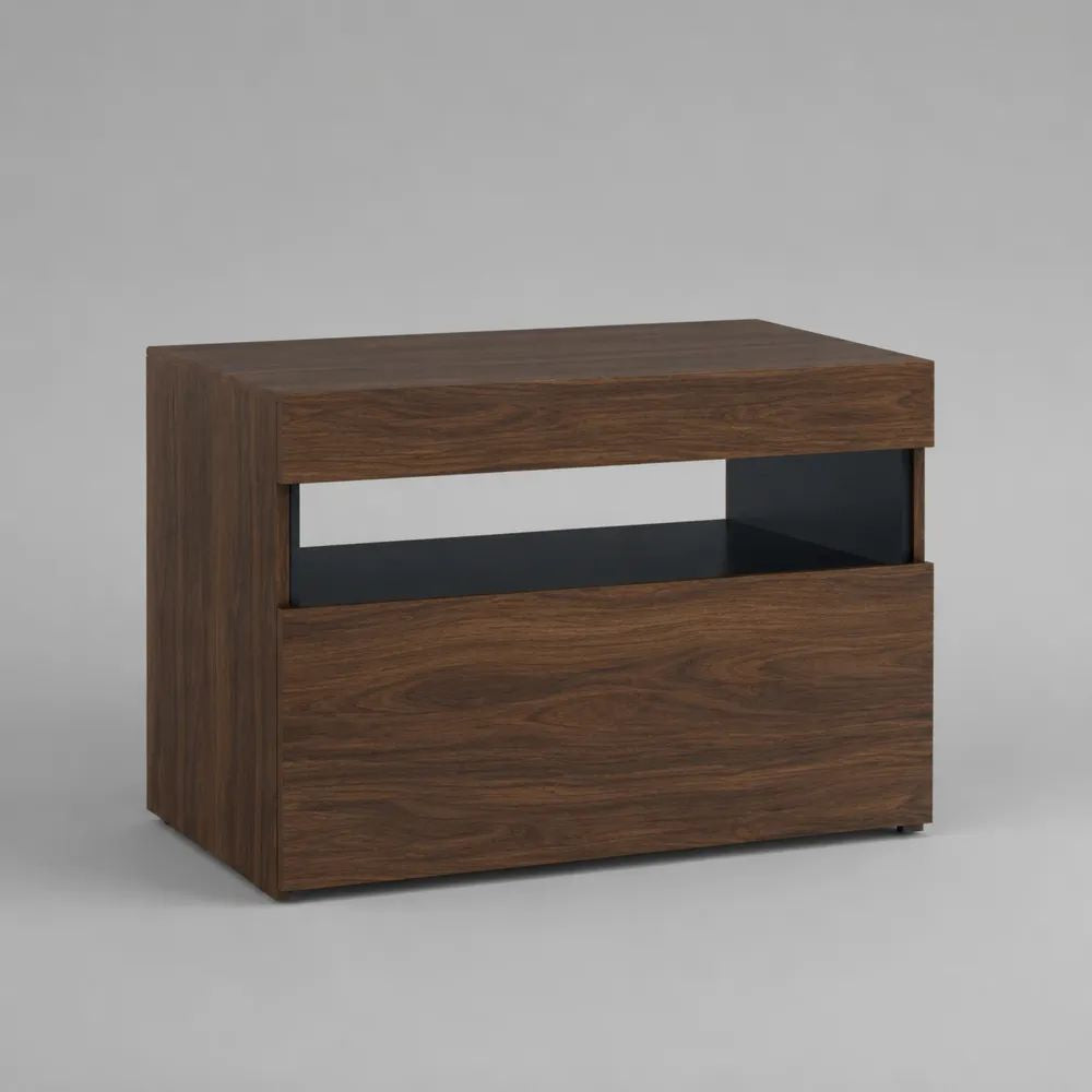 Comodino rettangolare in legno con 2 cassetti e vano aperto, marrone noce e nero, 60 x 40 x 50 cm