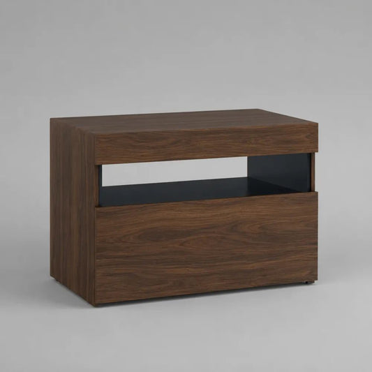 Comodino rettangolare in legno con 2 cassetti e vano aperto, marrone noce e nero, 60 x 40 x 50 cm