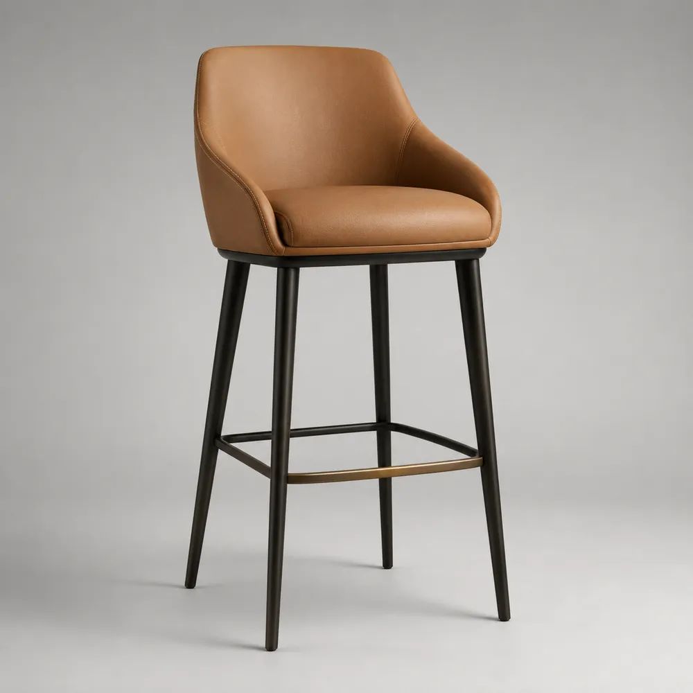Sgabello da bar in pelle sintetica e acciaio con schienale e braccioli, cammello/nero/ottone, 55 × 57 × 103 cm